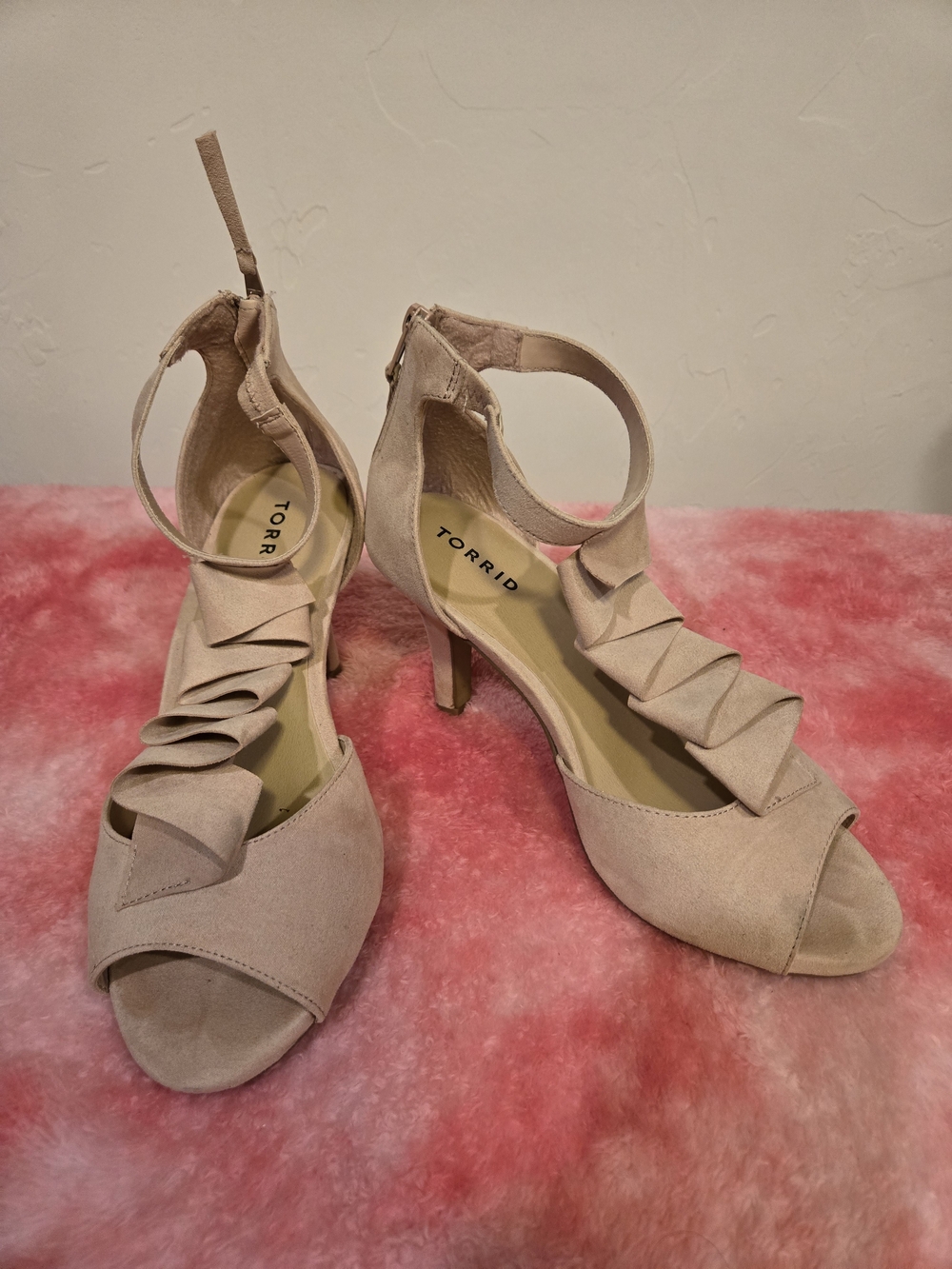 torrid Beige Ruffle Peep-Toe Ankle-Strap Heels